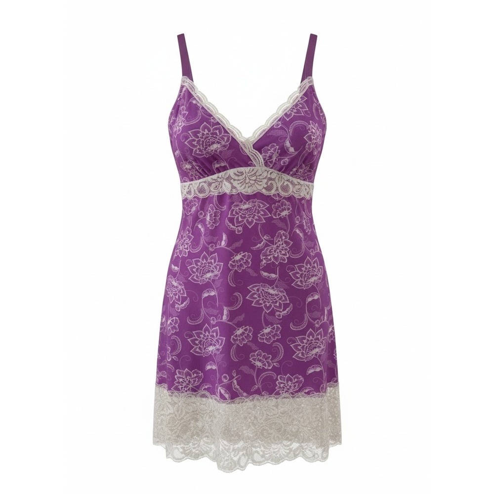 Delta Burke Nightgown Women 1X Purple Floral Lace Trim Chemise Loungewear Slip